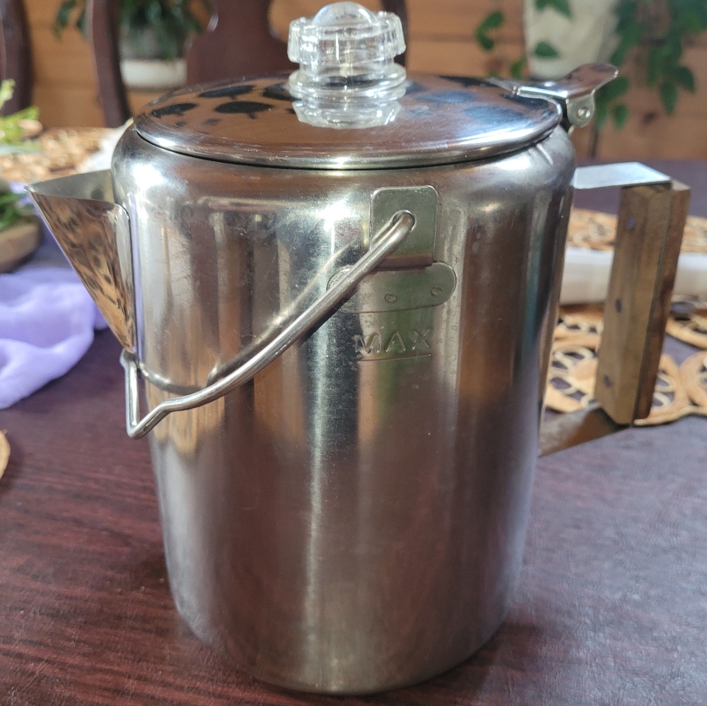Coghlan's 9-Cup Stainless Steel Coffee Pot With Wooden Handle Grip